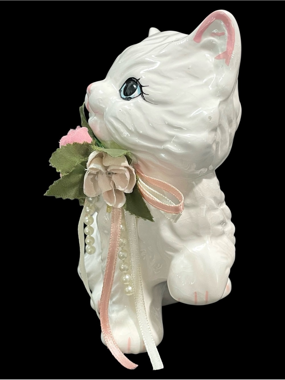 Vintage 1990s Trippies Inc. White Porcelain Kitten Cat Figurine Pink Flowers - Picture 2 of 10